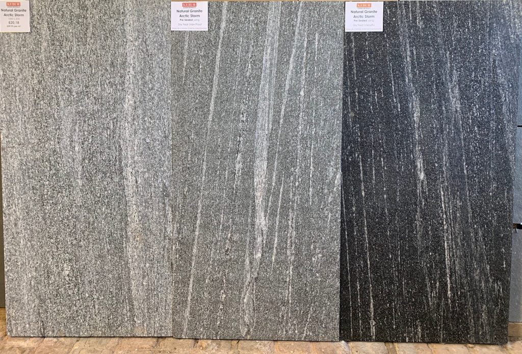 Arctic Storm paving slabs, left to right; natural, pre-sealed with Dry-Treat Stain Proof, pre-sealed with Dry Treat Intensifia