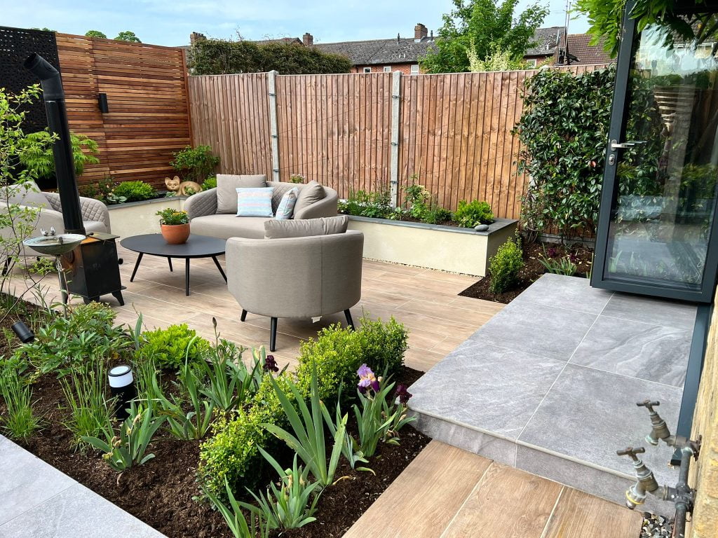Landscaped garden with porcelain paving