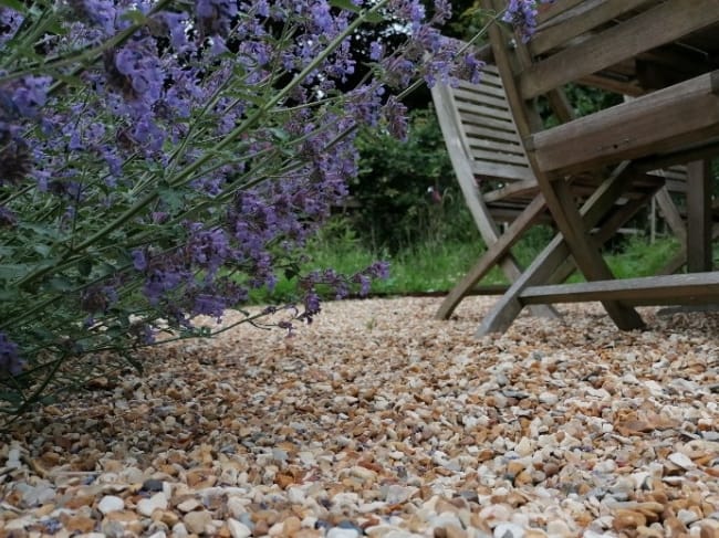Gravel with deck chairs and plants